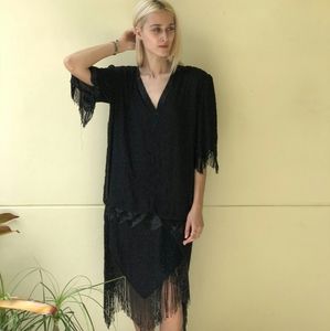 Sequin Fringe Silk Midi Dress Vintage Flapper Gown